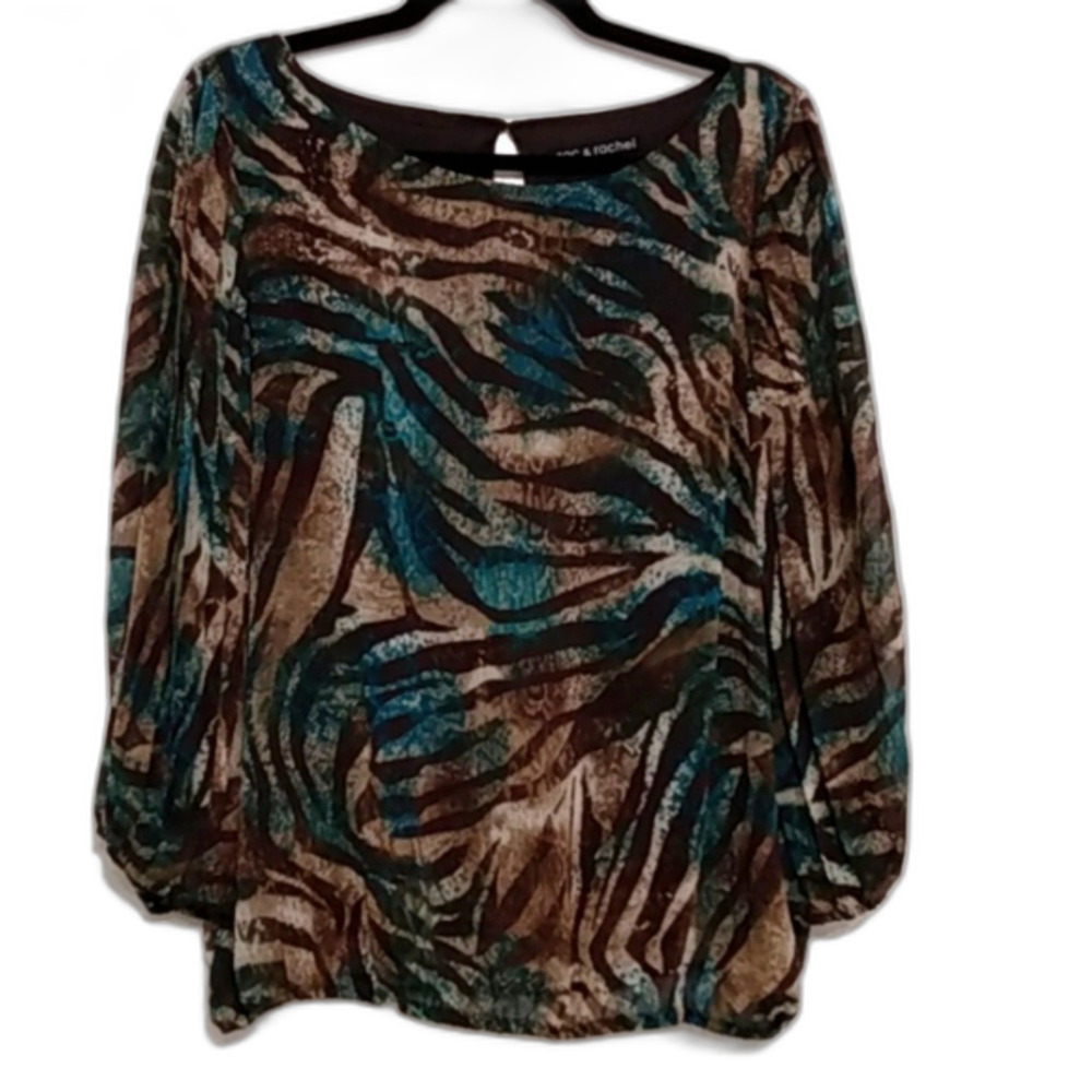 Zac & Rachel Layered Blouse L Colorful Zebra Print Crinkle Sleeve Chiffon Layer